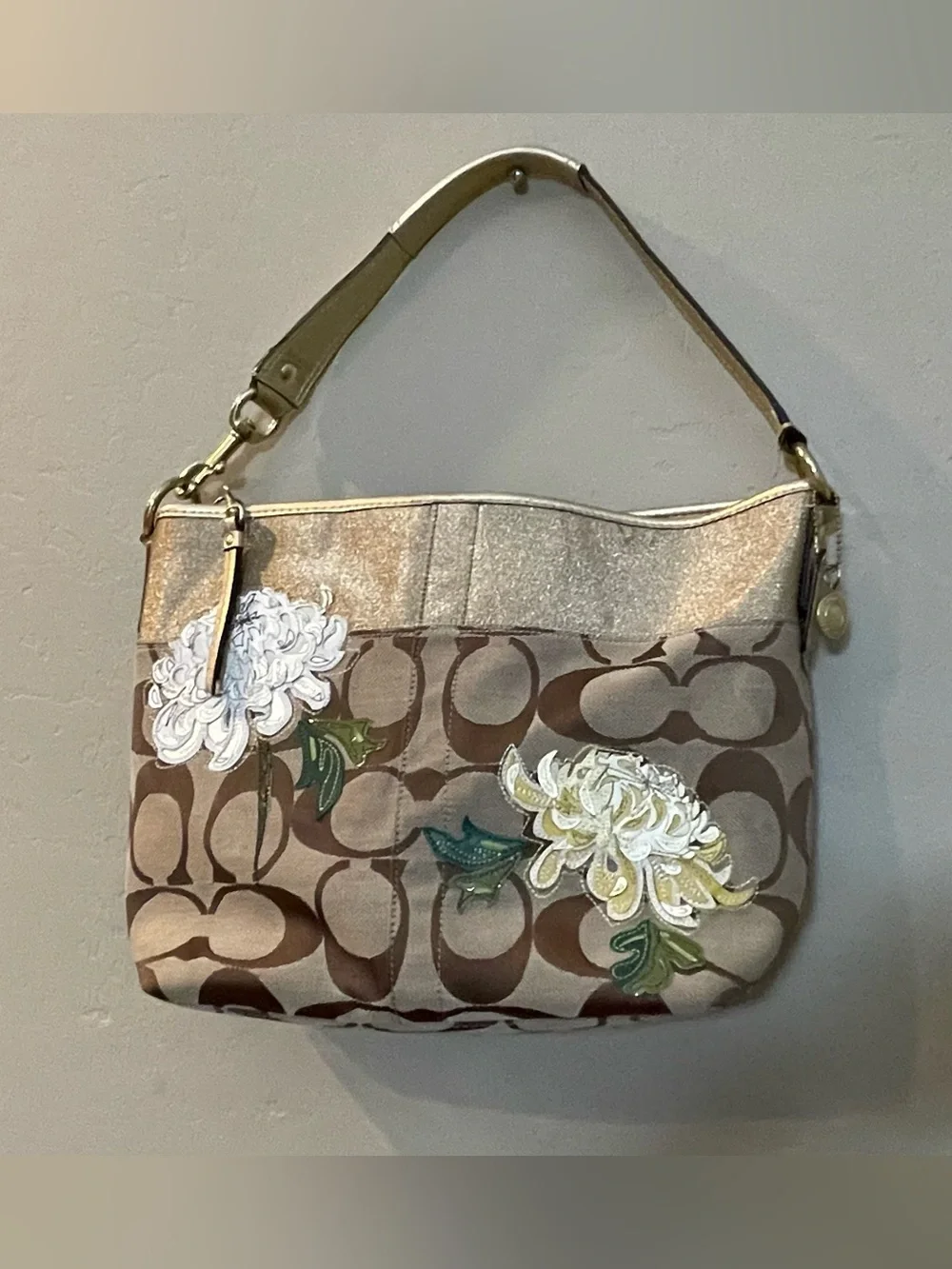 Coach limited edition signature Floral Applique Shoulder gold Bag y2k hobo brown
